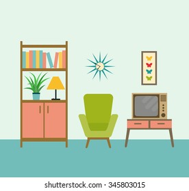flat retro interior living room with bookcase,chair, television.vector illustration