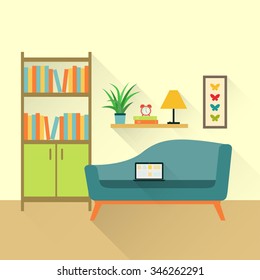 flat retro interior living room with bookcase,sofa, notebook.vector illustration