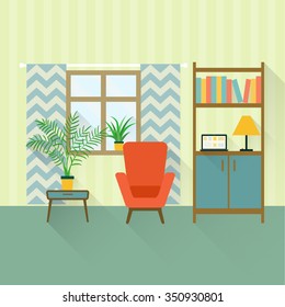 flat retro interior living room with bookcase,chair, window and houseplant.vector illustration