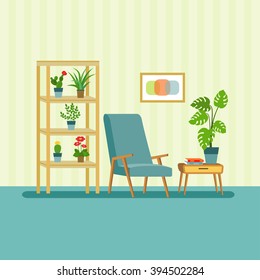 flat retro interior living room with bookcase,chair,  and houseplant.vector illustration