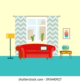 salón interior retro plano con sofá rojo, ventana, acuario con pez dorado y planta de la casa. Ilustración de vectores del paisaje urbano