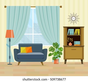 flat retro interior living room with bookcase,chair, window and houseplant.vector illustration