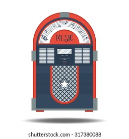 Flat retro jukebox isolated on white. Music device. Modern trendy design for music concept. Poster, card, leaflet or banner template design with place for text. Vector illustration.