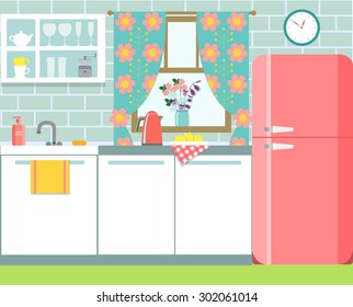 flat retro kitchen in rustic style. vector illustration