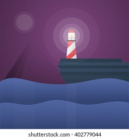 Flat retro lighthouse night scene. Night landscape in dark flat colors, blue and purple. Noise shadows effects. Modern vector illustration for you Webdesign header or advertising project.