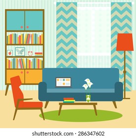 flat retro living room with sofa, chair and bookcase. vector illustration