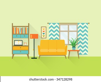 Flat Retro Living Room With Sofa, Window And Bookcase. Vector Illustration