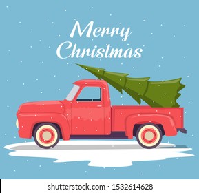 Flat retro pick up truck with Christmas tree