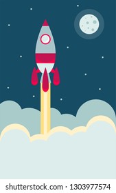 Flat retro starship poster. Vector startup illustration. Rocket launch.