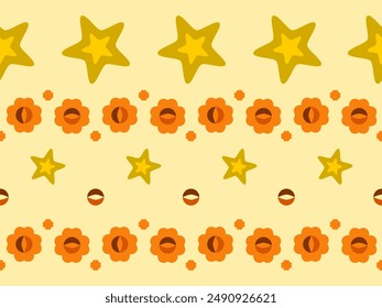 Flat retro style endless seamless pattern with stars and flowers. Yellow and orange colores. Horizontal illustration texture wallpaper. Editable EPS vector.