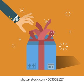  flat retro style , hand holding ribbon and open gift box