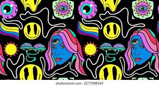 Flat Retro Style Vector Illustrations. Timeless and Trippy Beautiful Mystery Person Seamless Pattern with a Third Eye. Psychedelic Fashion Seamless Pattern.