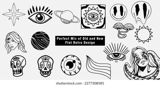 Flat Retro Style Vector Illustrations. Timeless and Trippy Beautiful Mystery Person Seamless Pattern with a Third Eye. Psychedelic Fashion Seamless Pattern.