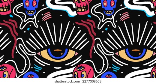 Flat Retro Style Vector Illustrations. Timeless and Trippy Beautiful Mystery Person Seamless Pattern with a Third Eye. Psychedelic Fashion Seamless Pattern.