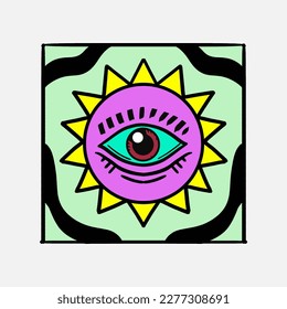 Flat Retro Style Vector Illustrations. Timeless and Trippy Beautiful Mystery Person Seamless Pattern with a Third Eye. Psychedelic Fashion Seamless Pattern.