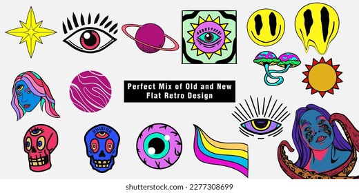 Flat Retro Style Vector Illustrations. Timeless and Trippy Beautiful Mystery Person Seamless Pattern with a Third Eye. Psychedelic Fashion Seamless Pattern.