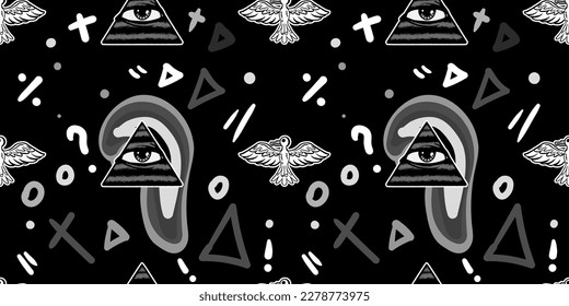 Flat Retro Style Vector Illustrations. Timeless and Trippy Beautiful Mystery Person Seamless Pattern with a Third Eye. Psychedelic Fashion Seamless Pattern.