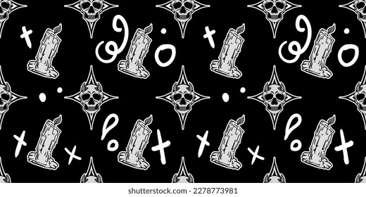 Flat Retro Style Vector Illustrations. Timeless and Trippy Beautiful Mystery Person Seamless Pattern with a Third Eye. Psychedelic Fashion Seamless Pattern.