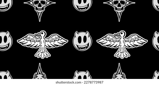 Flat Retro Style Vector Illustrations. Timeless and Trippy Beautiful Mystery Person Seamless Pattern with a Third Eye. Psychedelic Fashion Seamless Pattern.