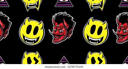 Flat Retro Style Vector Illustrations. Timeless and Trippy Beautiful Mystery Person Seamless Pattern with a Third Eye. Psychedelic Fashion Seamless Pattern.