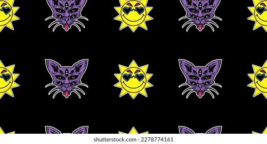 Flat Retro Style Vector Illustrations. Timeless and Trippy Beautiful Mystery Person Seamless Pattern with a Third Eye. Psychedelic Fashion Seamless Pattern.