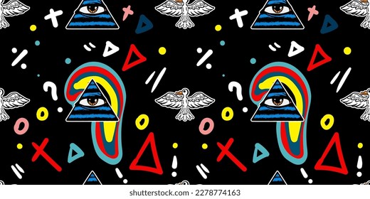 Flat Retro Style Vector Illustrations. Timeless and Trippy Beautiful Mystery Person Seamless Pattern with a Third Eye. Psychedelic Fashion Seamless Pattern.