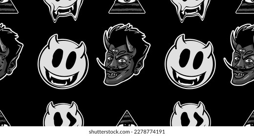 Flat Retro Style Vector Illustrations. Timeless and Trippy Beautiful Mystery Person Seamless Pattern with a Third Eye. Psychedelic Fashion Seamless Pattern.