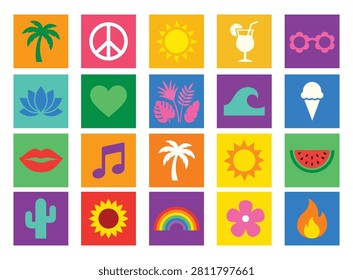 Flat retro summer icon set. Colorful grid featuring sun, palm tree, cocktail glass, wave, ice cream, watermelon, cactus and rainbow symbols for beach holiday design projects.