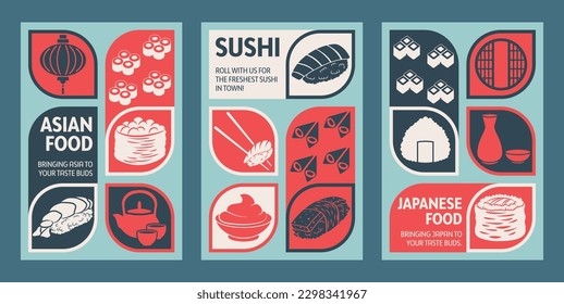 Flat retro-style sushi posters for promotion and advertising of trendy sushi bars and restaurants. Can be used for media marketing, banners, flyers, menus, logos, and icons.