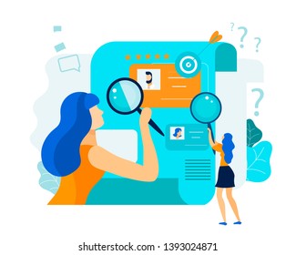 Flat Review Employees Resume Vector Illustration. Closeup Photo Document Man. Consideration Resumes for Closing Job. Woman Looking Through Magnifying Glass on Mans Resume, Cartoon.
