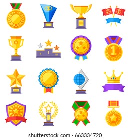 Flat rewards vector icons. Gold cups, medals and crowns pictograms. Medal and sport trophy, achievement competition illustration
