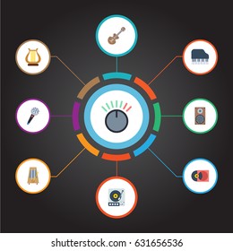 Flat Rhythm Motion, Lyre, Acoustic And Other Vector Elements. Set Of Audio Flat Symbols Also Includes Speaker, Volume, Keys Objects.