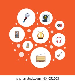Flat Rhythm Motion, Radio, Turntable And Other Vector Elements. Set Of Audio Flat Symbols Also Includes Karaoke, Acoustic, Retro Objects.