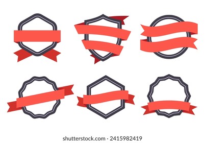 Flat ribbon banner badge. Premium quality certificate or reward. Frames of different geometric shapes with red curved tapes. Commercial offer isolated set. Templates for achievements vector