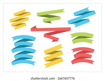 Flat ribbon banner vector set illustration. Colorful flat curved shape ribbons, scroll flags or labels with blank space for message, isolated on white background for holiday celebration marketing.