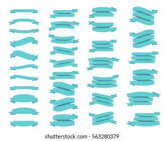 Flat ribbon banners isolated on white background. Collection of turquoise cute tape. Vector Illustration.