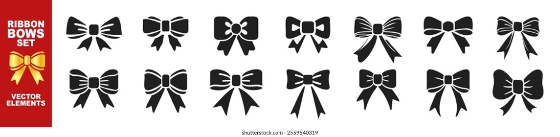 Flat ribbon bow icons set isolated on transparent background. Set of black celebration bow icons. Vector bow for present, celebration, gift