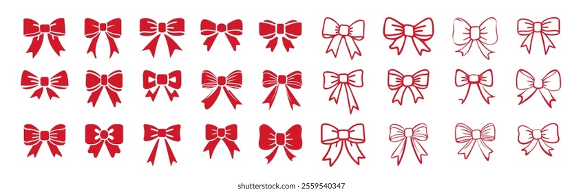 Flat ribbon bow icons set isolated on transparent background. Set of red celebration bow icons. Vector bow for present, celebration, gift