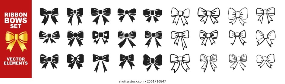 Flat ribbon bow icons set isolated on transparent background. Set of black celebration bow icons. Vector bow for present, celebration, gift
