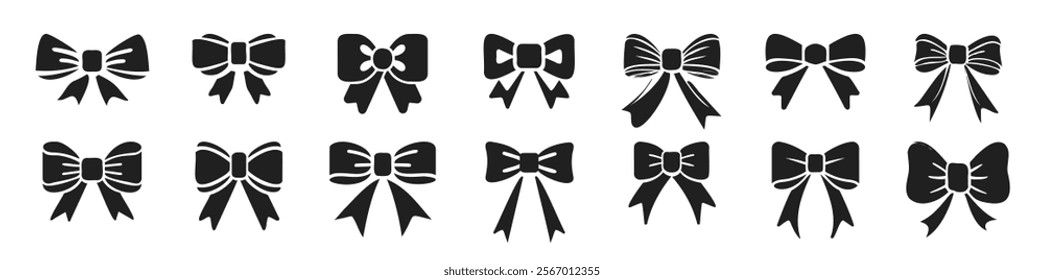 Flat ribbon bow icons set isolated on transparent background. Set of black celebration bow icons. Vector bow for present, celebration, gift