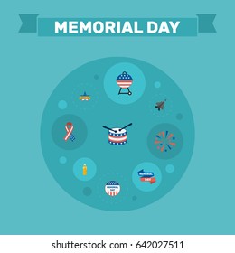 Flat Ribbon, Firecracker, Aircraft And Other Vector Elements. Set Of Day Flat Symbols Also Includes Aircraft, Usa, Brazier Objects.