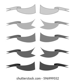 Flat ribbon gray set. Emblem modern symbol of award. Set blank sticker labeling. Elegant form of the logo for sale. Monochrome template for badge, tag, wrapping. Design element. Vector illustration