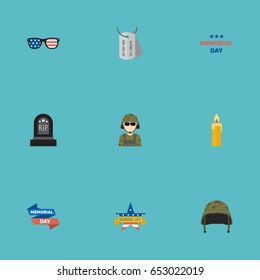 Flat Ribbon, Holiday, Military Man And Other Vector Elements. Set Of History Flat Symbols Also Includes Tag, Usa, Headgear Objects.