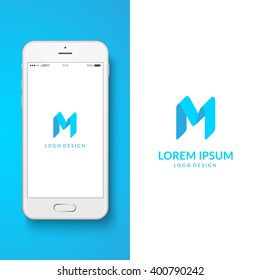 Flat ribbon logo design. Preview on a smartphone. Letter "M". Eps10 vector illustration.