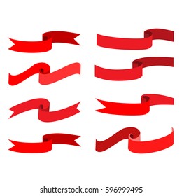 Flat ribbon red set. Emblem modern symbol of award. Set blank sticker labeling. Elegant form of the logo for sale. Colorful template for badge, tag, wrapping. Design element. Vector illustration