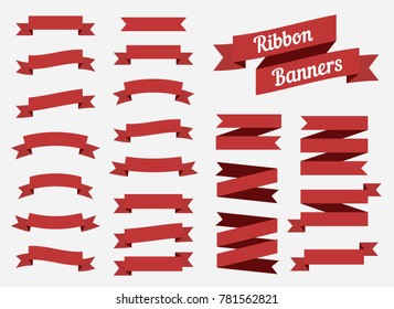 Flat ribbons banners isolated on white background. Set of red tapes. Vector illustration.