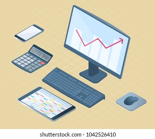 Flat right top view isometric illustration of office desktop electronic equipment. Business and school vector concept of computer with increasing arrow graph, smart phone, tablet pc, math calculator.