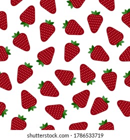 Flat ripe yummy strawberries on white background. Seamless summer fresh tasty pattern. Suitable for packaging, textile, menu design.