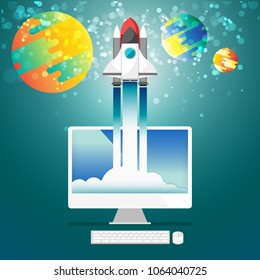 Flat rising rocket from computer desktop to the space vector illustration