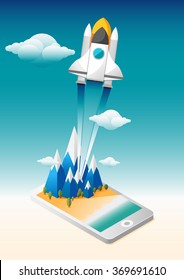 Flat rising rocket from mobile to the space vector illustration